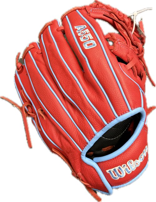 Vist Large View of Product Image Which is Used Wilson A550 AO5RB25115 BB/SB Glove RH Throw Red 11 1/2"