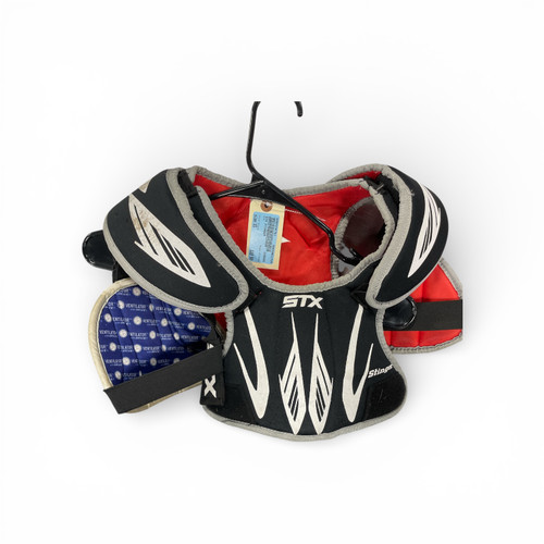Vist Large View of Product Image Which is Used STX Stinger Lacrosse Shoulder Pads Black XS, front view