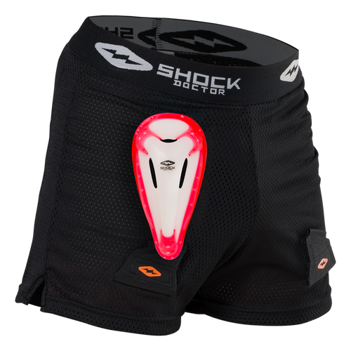 Vist Large View of Product Image Which is The Shock Doctor Core Loose Hockey Short with Bio-Flex Cup has a loose fit design with super ventilated mesh fabric for superior comfort and protection. An integrated cup pocket strap secures cup pocket to short for less movement, and the Bio-Flex Cup with gel perimeter provides superior comfort and protection.