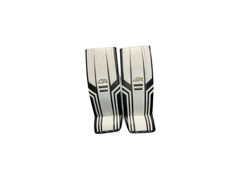 Vist Large View of Product Image Which is Used Brians OPTIKX3 29+1 Goalie Leg Pads Junior White 29"