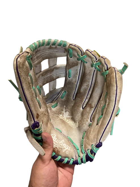 Vist Large View of Product Image Which is Used Rawlings FASTPITCH 12 IN GRY/TEAL BB/SB Glove RH Throw Grey 12"