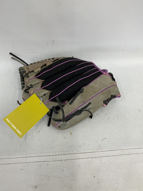 Vist Large View of Product Image Which is Used Wilson FLASH RH Throw Fastpitch Gloves Grey 12"