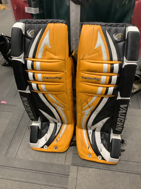 Vist Large View of Product Image Which is Used Vaughn VELOCITY V4 Goalie Leg Pads Senior Yellow 32"