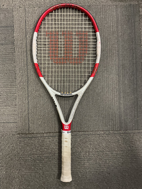 Vist Large View of Product Image Which is Used Wilson SIX ONE 100 TEAM Adult Tennis Racquet Red 4 1/2"