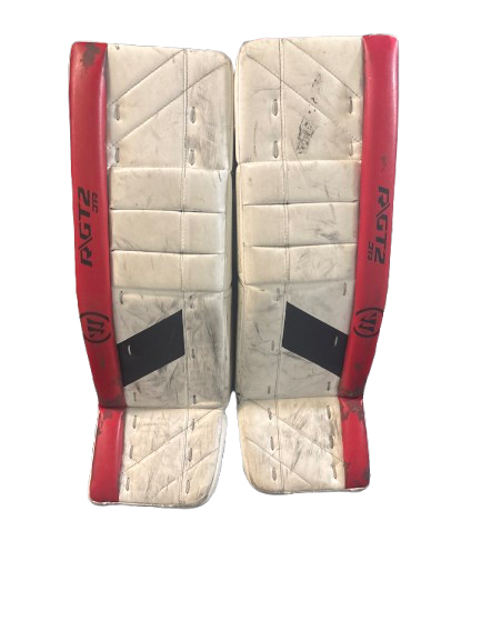 Vist Large View of Product Image Which is Used Warrior WARRIOR RGT2 JR LEG GUARDS Goalie Leg Pads Junior Red And White 28 1/2"