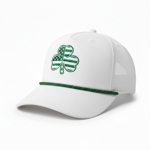 Vist Large View of Product Image Which is New Richardson Trucker Hat White with Green USA Flag Shamrock