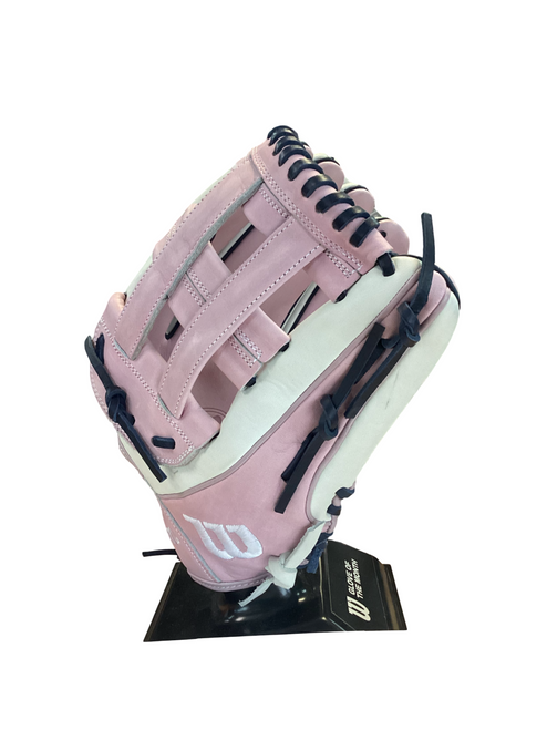 Vist Large View of Product Image Which is Used Wilson NEW A2000 FP1275 RH Throw Fastpitch Gloves Pink 12 3/4"