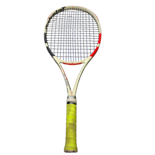 Vist Large View of Product Image Which is Used Babolat PURE STRIKE 100 Adult Tennis Racquet White 4 1/4"