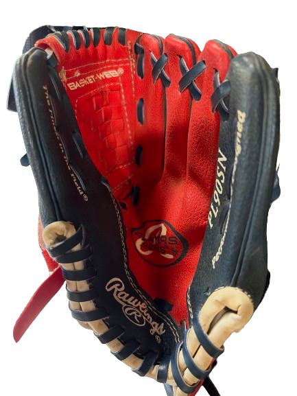 Vist Large View of Product Image Which is Used Rawlings PLAYER SERIES 9 IN RHT BB/SB Glove T-ball White/Red/Navy 9"