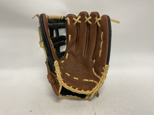 Vist Large View of Product Image Which is Used Rawlings PREMIUM SERIES BB/SB Glove RH Throw Brown And Black 12 3/4"