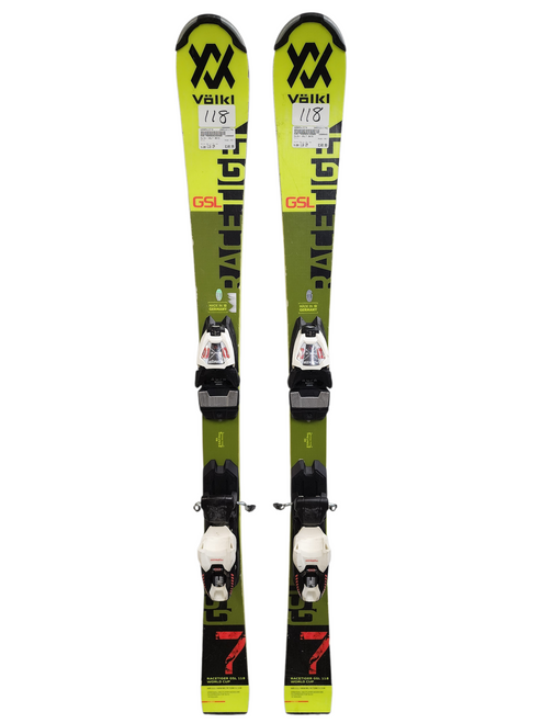 Vist Large View of Product Image Which is Used Volkl Racetiger GSL7 Junior Race Skis 118 cm with Marker TLT Race 8 Bindings