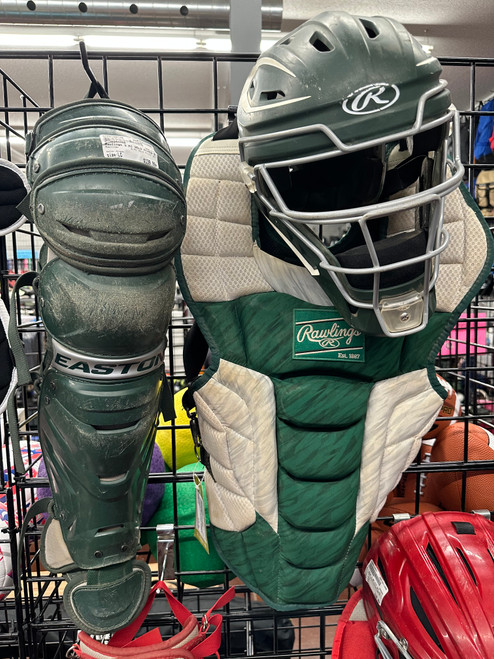Vist Large View of Product Image Which is Used Rawlings 3 PC VELO MIXED SET Catchers Helmet w/Mask Green LG