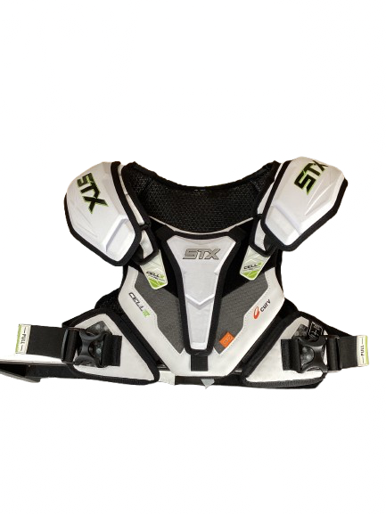 Vist Large View of Product Image Which is Used STX CELL VI Lacrosse Shoulder Pads White SM