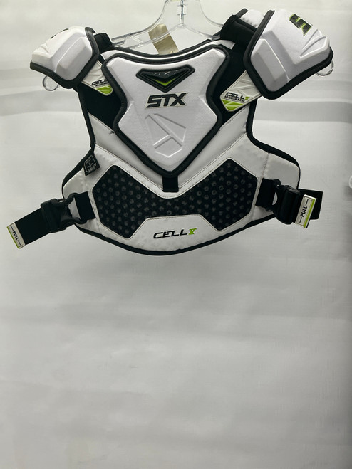 Vist Large View of Product Image Which is Used STX CELL V Lacrosse Shoulder Pads White LG
