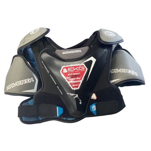 Vist Large View of Product Image Which is Used Maverik EXTERNAL KARDIAC GUARD Lacrosse Shoulder Pads Black LG