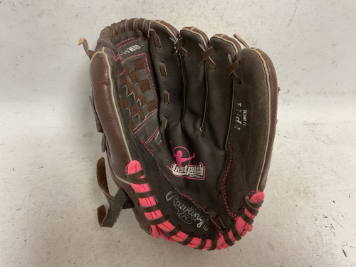 Vist Large View of Product Image Which is Used Rawlings FP11T RH Throw Fastpitch Gloves Brown 11"