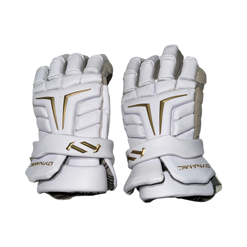Vist Large View of Product Image Which is Used True TEMPER DYNAMIC Lacrosse Gloves Mens Gold And White 14"
