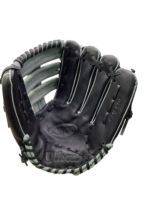 Vist Large View of Product Image Which is Used Wilson A500 FASTPITCH RH Throw Fastpitch Gloves Black 12 1/2"