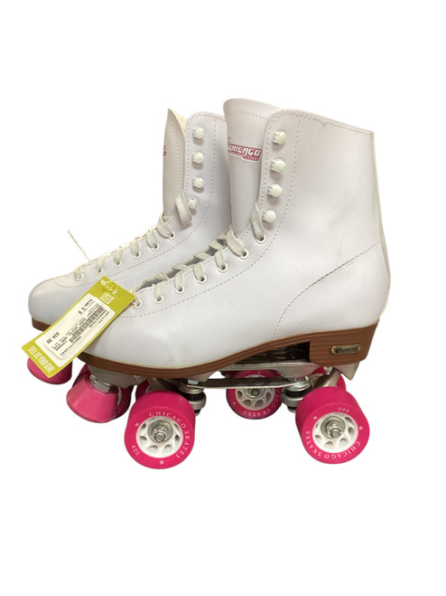 Vist Large View of Product Image Which is Used Chicago QUAD WHITE AND PINK SZ 9 Senior Roller Quad Skates White Senior 9