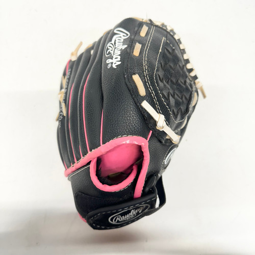 Vist Large View of Product Image Which is Used Rawlings PL105PW RH Throw Fastpitch Gloves Black And Pink 10 1/2"