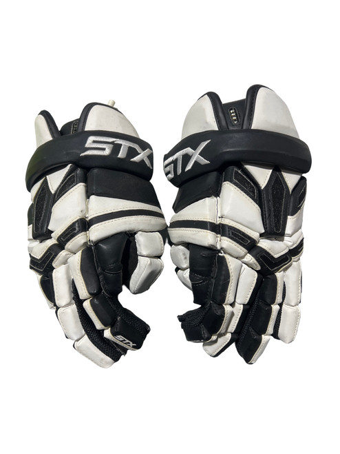 Vist Large View of Product Image Which is Used STX CELL II Lacrosse Gloves Mens White And Black LG