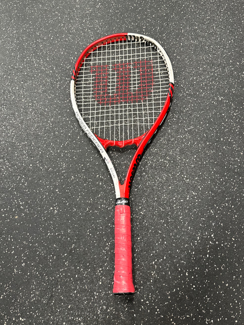 Vist Large View of Product Image Which is Used Wilson FEDERER 110 Adult Tennis Racquet Red 4 1/4"
