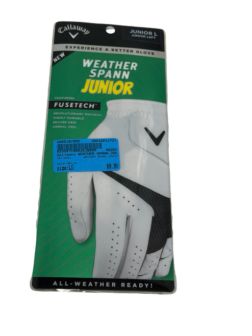 Vist Large View of Product Image Which is New Callaway WEATHER SPANN JUNIOR Jr Golf Glove White LG LH