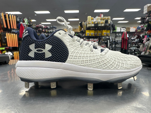 Vist Large View of Product Image Which is NEW Under Armour GLYDE 2.0 METAL BB/SB Cleats White And Navy Blue Senior 8.5
