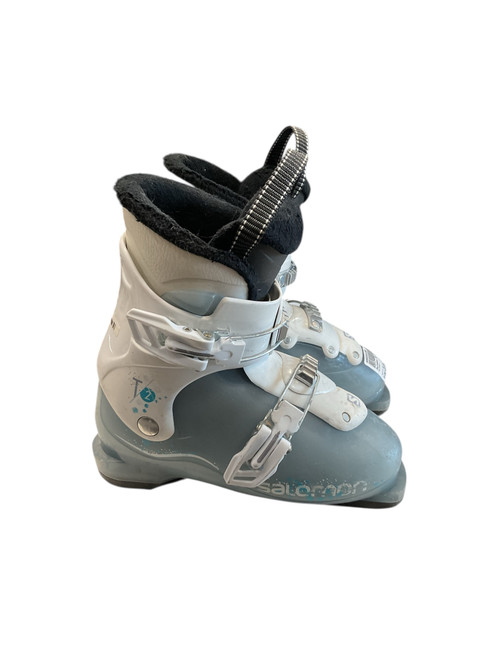 Vist Large View of Product Image Which is Used Salomon T2 SZ 21.0 Girls DH Ski Boot White And Carolina Blue 210 MP - J02