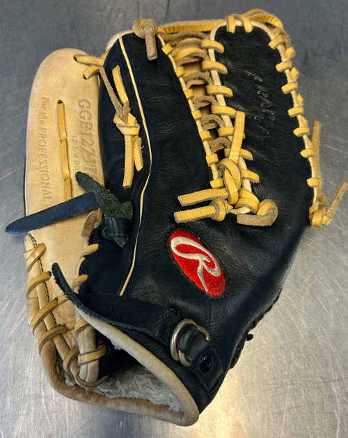 Vist Large View of Product Image Which is Used Rawlings GOLD GLOVE ELITE GGE1275TCBLK Baseball Glove LEFT HAND Throw Black/Blonde 12 3/4"