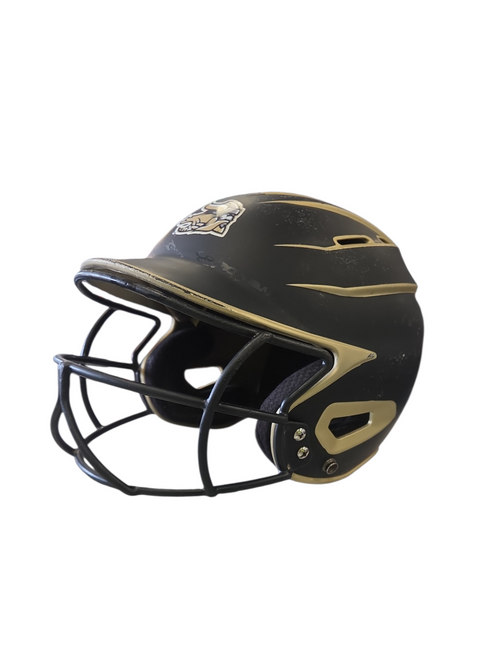 Vist Large View of Product Image Which is Used Bombah BOOMBAH HELMET Batting Helmet w/Mask Black And Gold LG
