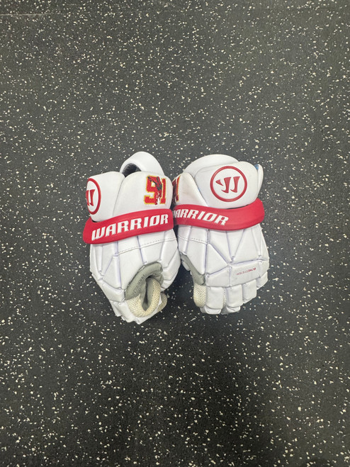 Vist Large View of Product Image Which is Used Warrior EVO Lacrosse Gloves Junior White SM