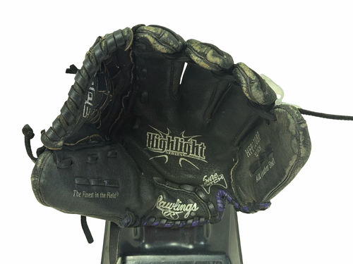 Vist Large View of Product Image Which is Used Rawlings HIGHLIGHT SERIES HFP120BP Leather Shell Fastpitch Softball Glove RH Throw Black 12"