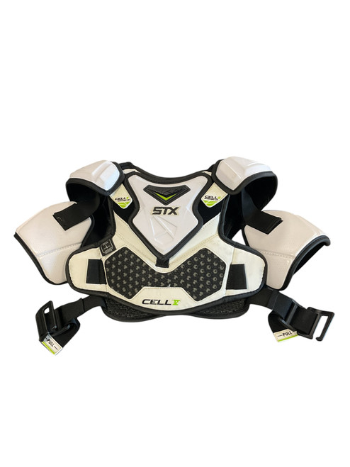 Vist Large View of Product Image Which is Used STX CELL V Lacrosse Shoulder Pads White SM