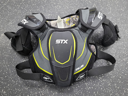 Vist Large View of Product Image Which is Used STX STALLION 200+ Lacrosse Shoulder Pads Grey LG