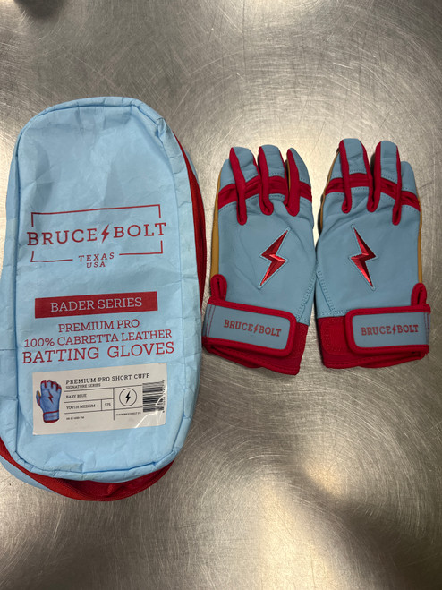 Vist Large View of Product Image Which is NEW BRUCE BOLT PREMIUM PRO SHORT CUFF BB/SB Batting Gloves Carolina Blue Youth Medium