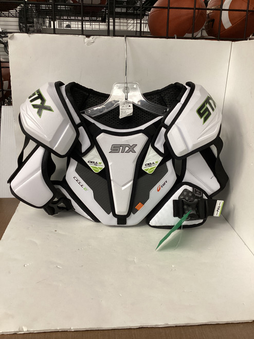 Vist Large View of Product Image Which is Used STX CELL VI Lacrosse Shoulder Pads White LG