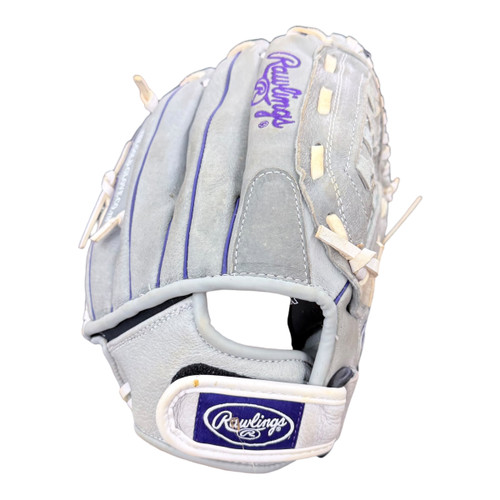 Vist Large View of Product Image Which is Used Rawlings SURE CATCH SCSB12PU RH Throw Fastpitch Gloves Grey 12"
