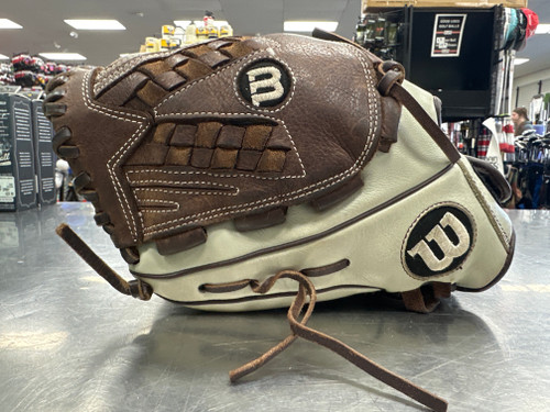 Vist Large View of Product Image Which is Used Wilson A950 LH Throw Fastpitch Gloves Brown 12 1/2"