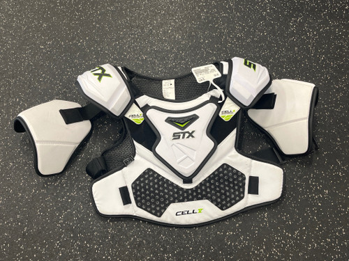 Vist Large View of Product Image Which is Used STX CELL V NOCSAE SHOULDER PAD Lacrosse Shoulder Pads White XL
