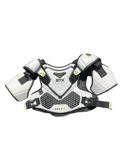 Vist Large View of Product Image Which is Used STX CELL V Lacrosse Shoulder Pads White LG