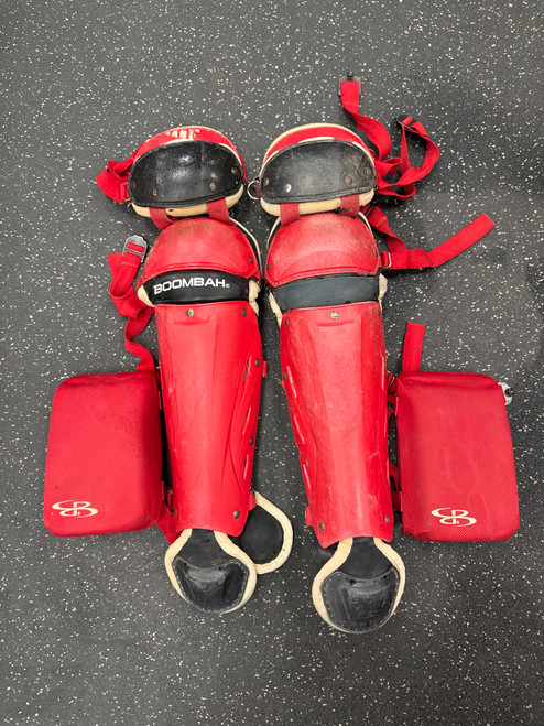 Vist Large View of Product Image Which is Used BoomBah LEG GUARDS W/ KNEE SAVERS Catchers Leg Guards Red Junior