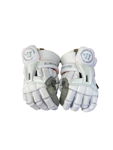 Vist Large View of Product Image Which is Used Warrior BURN XP Lacrosse Gloves Junior White LG