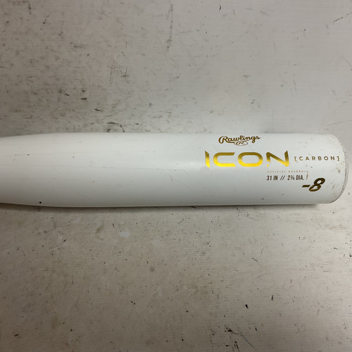 Vist Large View of Product Image Which is Used Rawlings Icon Carbon RUT418 USSSA 2 3/4 Baseball Bat White And Gold 31"
