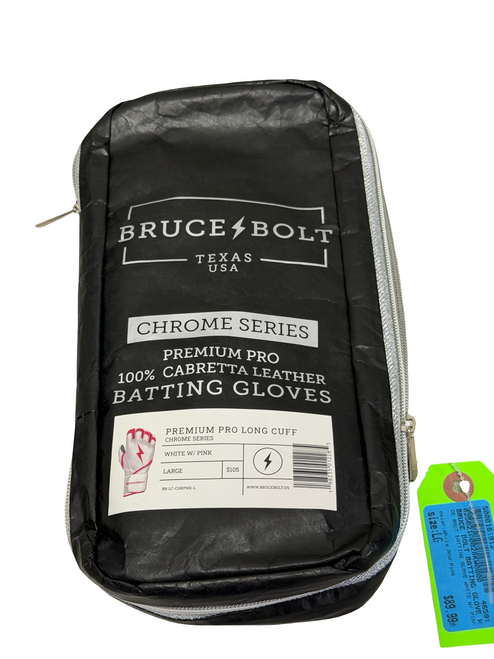 Vist Large View of Product Image Which is New BRUCE BOLT CHROME SERIES Premium Pro Long Cuff Adult Batting Gloves White w/ Pink LG