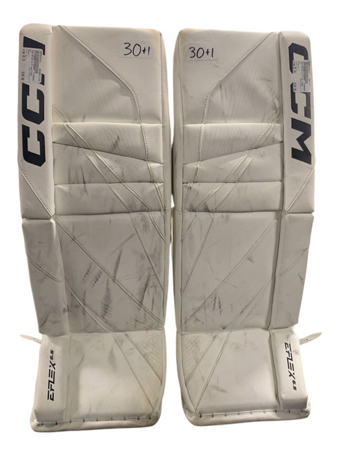 Vist Large View of Product Image Which is Used CCM EFLEX 6.5 Goalie Leg Pads Junior White 30+1”