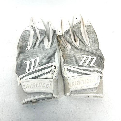 Vist Large View of Product Image Which is Used Marucci YOUTH BB/SB Batting Gloves Grey And White LG