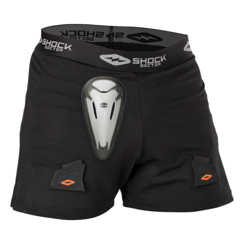 Vist Large View of Product Image Which is The Shock Doctor Core Loose Hockey Short with Bio-Flex Cup has a loose fit design with super ventilated mesh fabric for superior comfort and protection. An integrated cup pocket strap secures cup pocket to short for less movement, and the Bio-Flex Cup with gel perimeter provides superior comfort and protection.