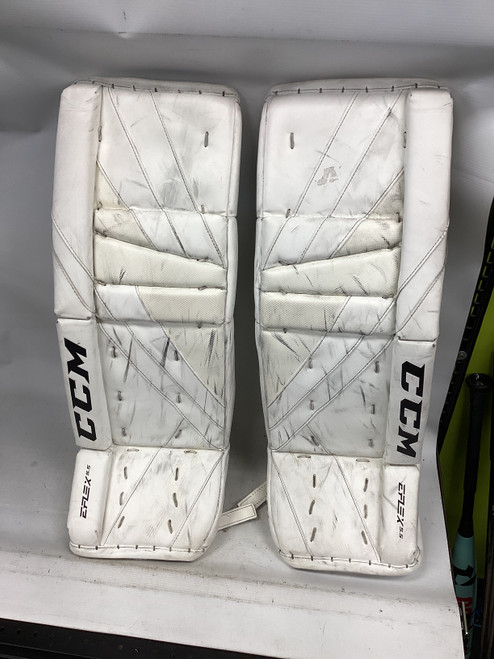 Vist Large View of Product Image Which is Used CCM EFLEX 5.5 Goalie Leg Pads Junior White 30"