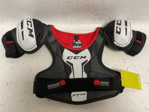 Vist Large View of Product Image Which is Used CCM JETSPEED FT455 Youth Shoulder Pads White And Red LG
